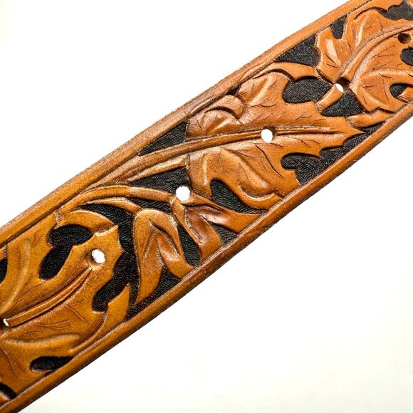 Vintage Western Name Belt 32 Maureen Hand Tooled Leaves Brown Leather No Buckle - Picture 9 of 10